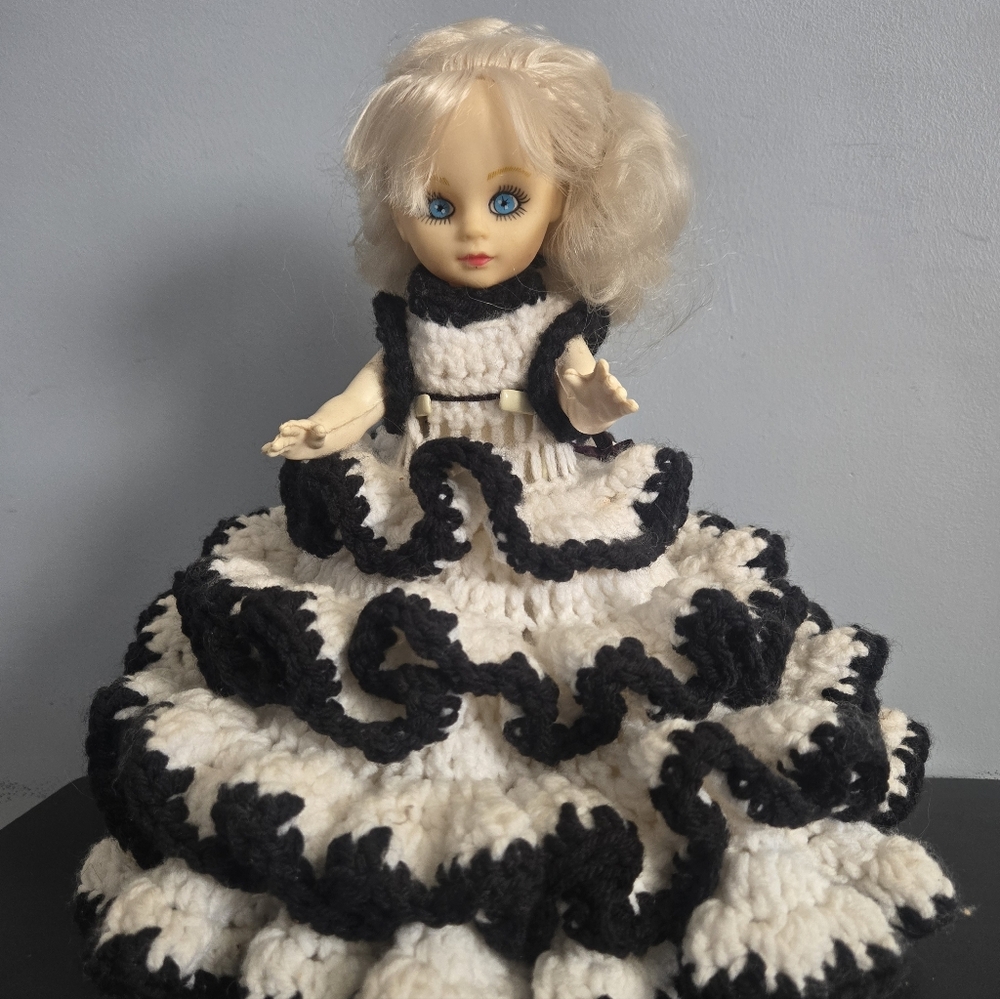 Vintage 1970s 12" Doll w Stand Hand Crocheted Dress